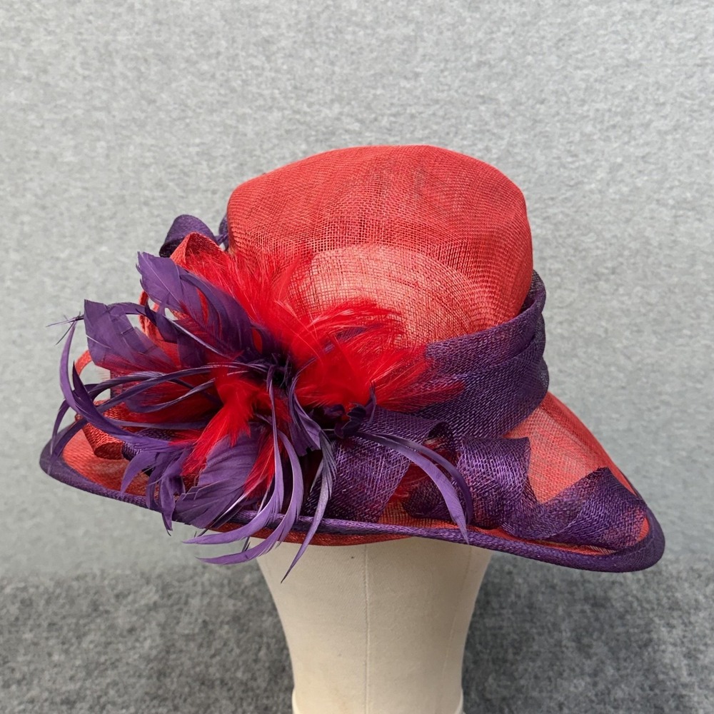 Kentucky‎ Derby Hat Sun Womens 7 Red Purple Straw Mesh Wide Brim Bow Church